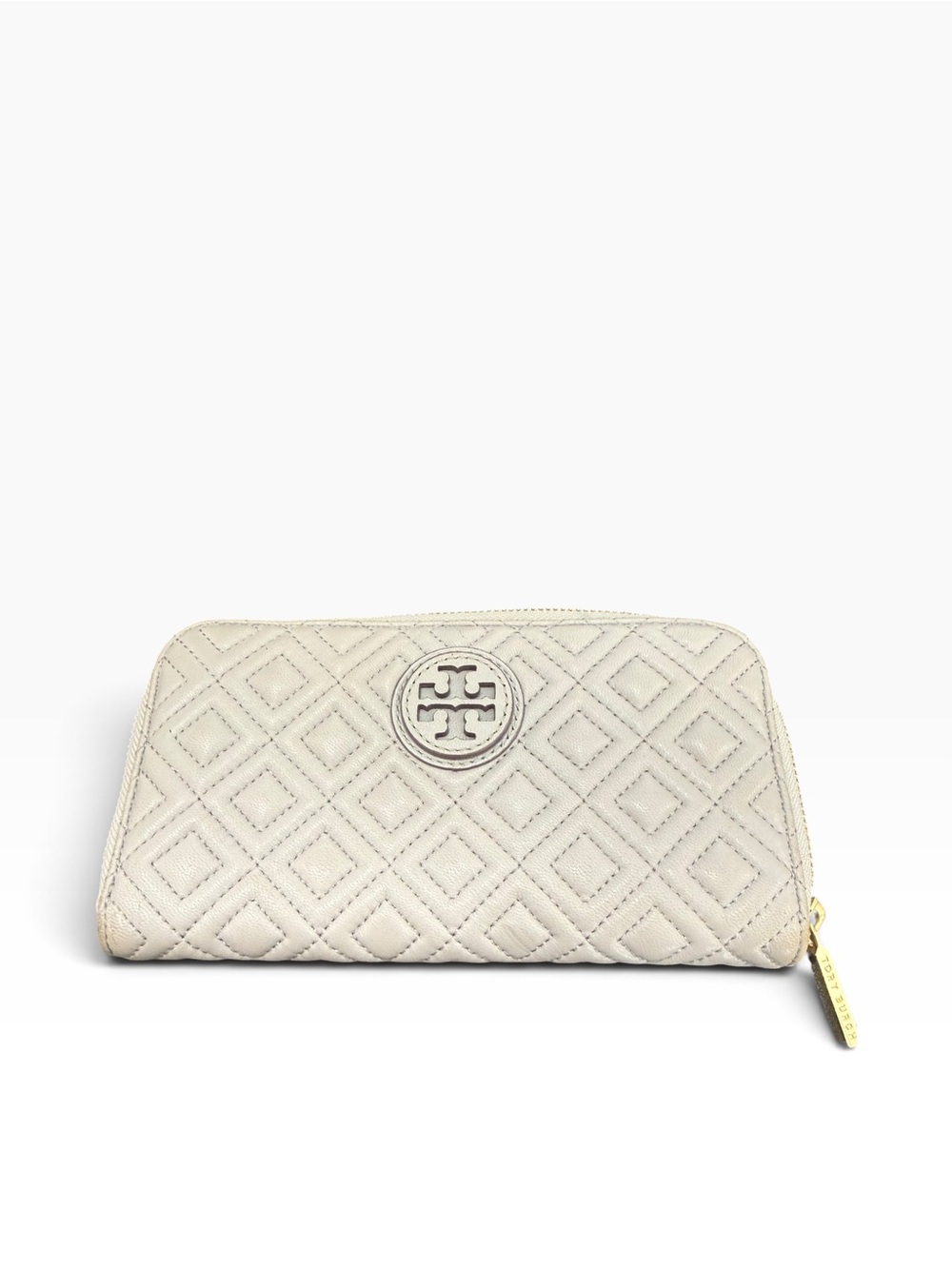 Tory Burch Quilted Ivory Zip-Around Wallet with Gold Hardware